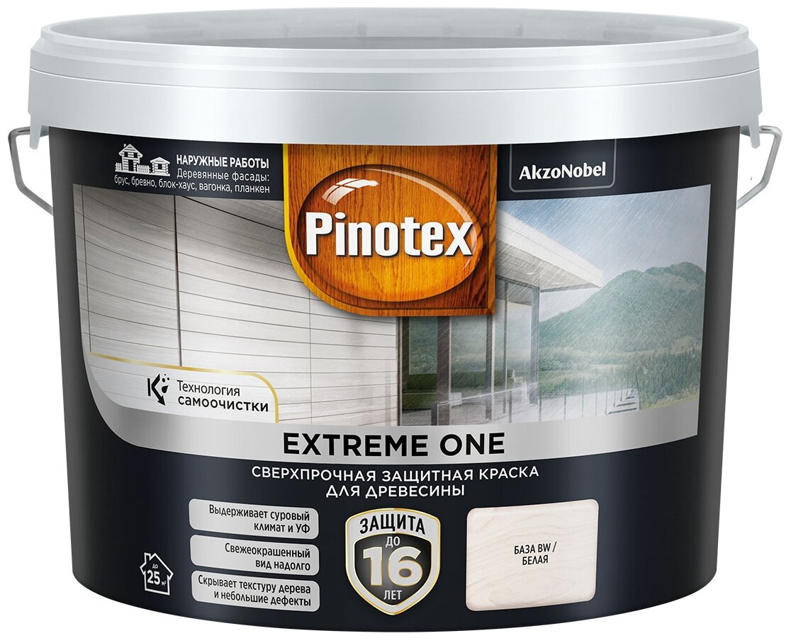 краска акриловая фасадная PINOTEX Extreme One для дерева база BW 2,5л белая, арт.5352282