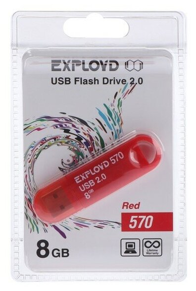 Флешка Exployd 570, 8 Гб, USB2.0, чт до 15 Мб - с, зап до 8 Мб - с, красная