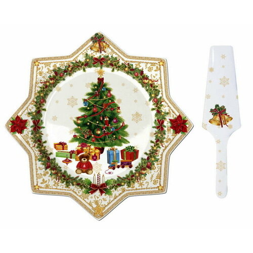 Блюдо для торта с лопаткой С Новым годом! золотое