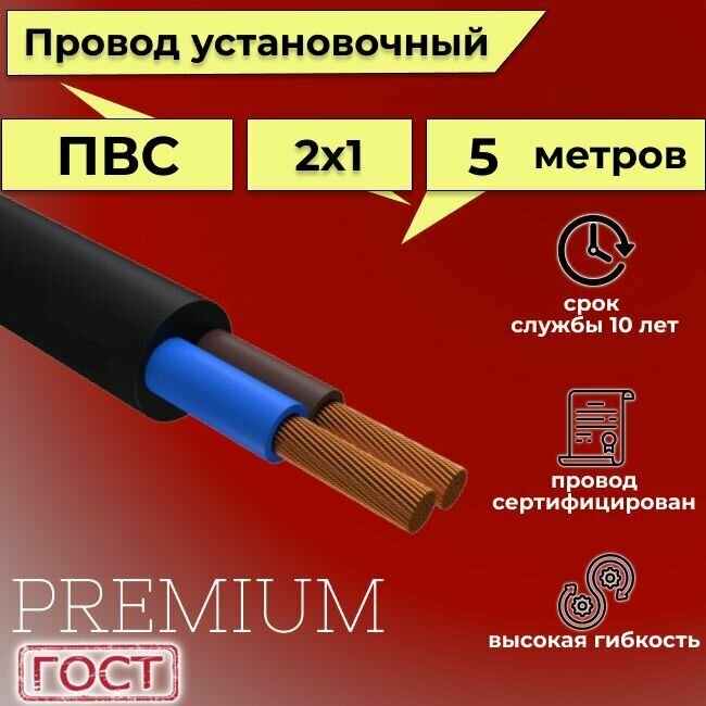 Провод/кабель гибкий электрический ПВС Черный Premium 2х1 ГОСТ 7399-97, 5 м