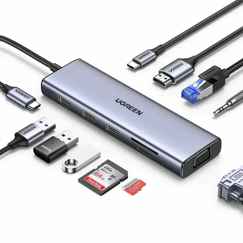 Док-станция UGREEN CM498 15601 USB-C To 3*USB 3.0 A+HDMI+VGA+RJ45 Gigabit+SD/TF+AUX3.5mm+PD Converte