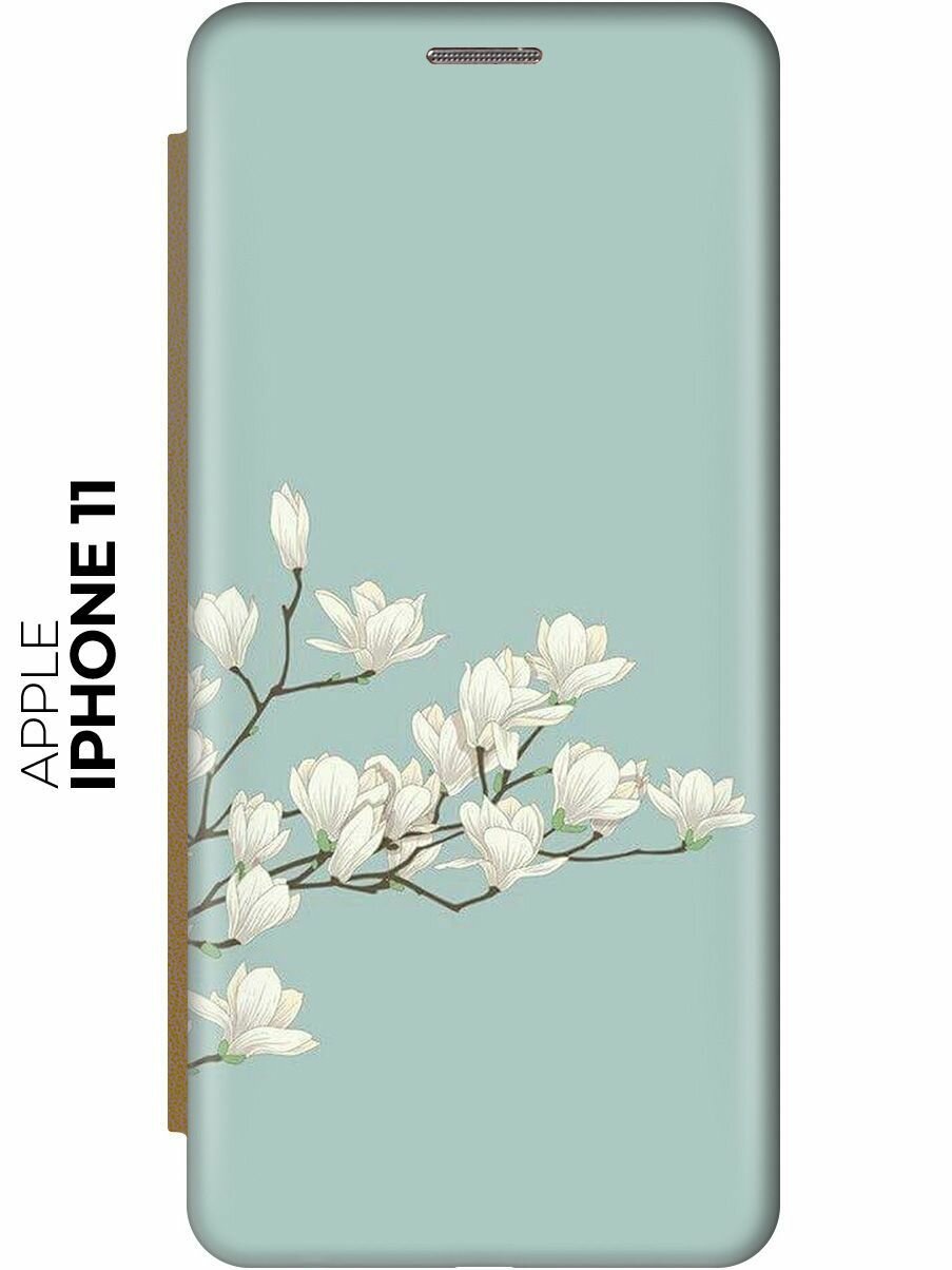 Чехол-книжка на Apple iPhone 11 / Эпл Айфон 11 с рисунком "Сакура на голубом" золотой