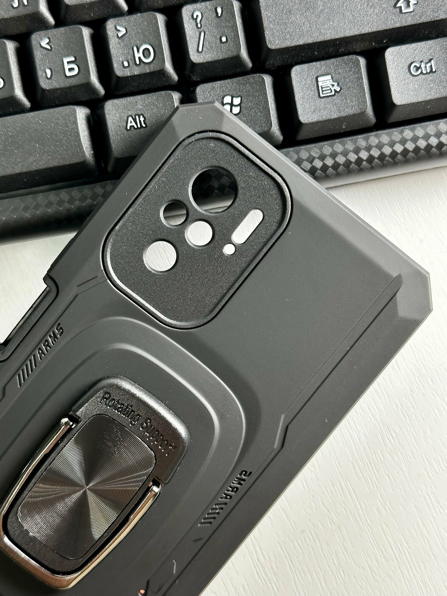 Чехол противоударный усиленный ударопрочный для Xiaomi Redmi Note 10 / Note 10s магнитный c кольцом держателем, черный — фото 4