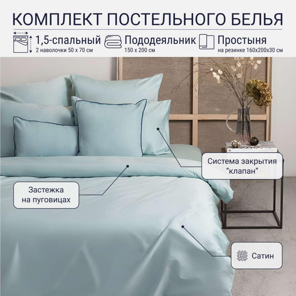 Комплект постельного белья TKANO 1,5-спальный с простыней на резинке из сатина голубого цвета из коллекции Essential