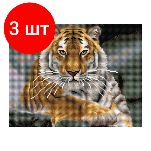 Комплект 3 шт, Алмазная мозаика ТРИ совы Тигр, 30*40см, холст, картонная коробка с пластиковой ручкой