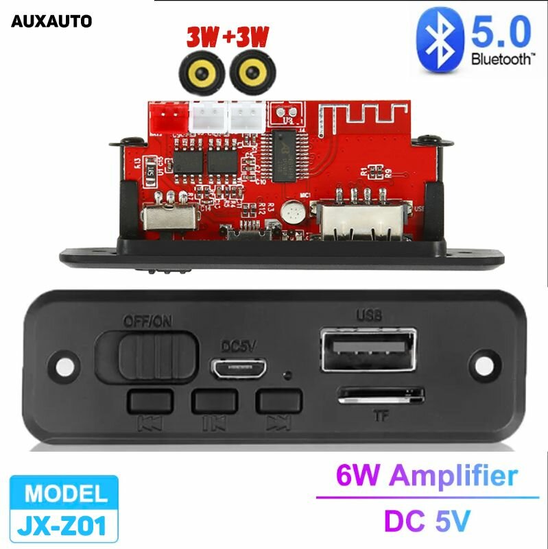 Декодер плата Bluetooth USB TF FM с усилителем мощности звука 2X3W 5V В / блютус для автомобиля и домашних стерео систем / JX-Z01