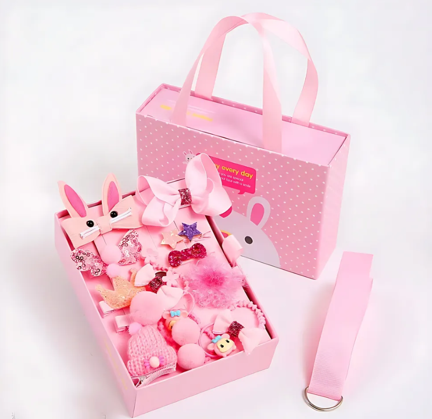 Подарочный набор заколок и резинок для девочек/ Заколки и резинки детские / 18 аксессуаров для волос / Розовый