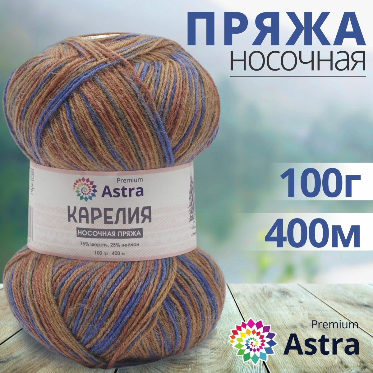 Пряжа для вязания Astra Premium 'Карелия' носочная (Karelia sock), 100г, 400м (75% шерсть, 25% нейлон) (1005), 2 мотка