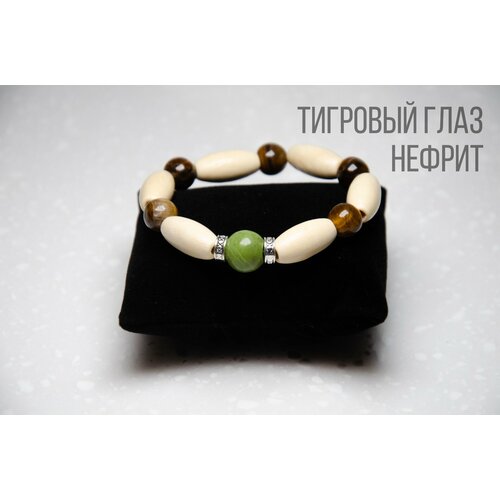 Браслет, дерево, нефрит, тигровый глаз, 1 шт., размер 19 см, размер M, зеленый, оранжевый