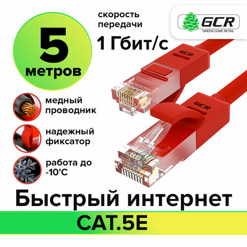 фото Lan кабель utp cat.5e 1 гбит/с rj45 lan cca для интернета контакты 24k gold (gcr-lnc500) красный 5.0м