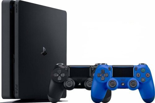 Игровая приставка Sony PlayStation 4 Slim 500 ГБ HDD, без игр, черный+2-й геймпад (синий)