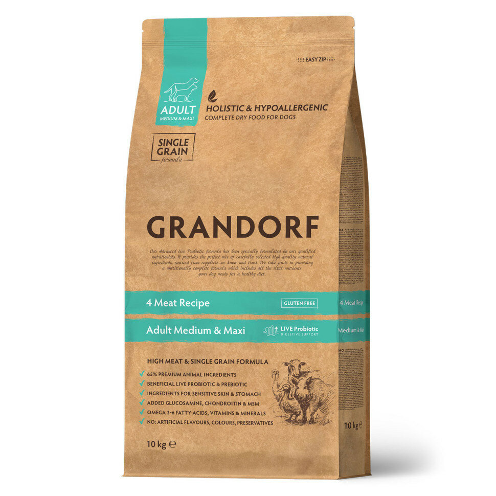 Grandorf сухой корм для взрослых собак средних и крупных пород с четырьмя видами мяса - 10 кг