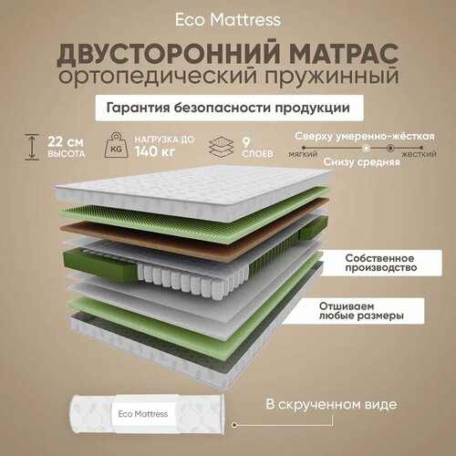 Ортопедический двусторонний матрас Eco Mattress MSk 200х200 см, двуспальный, независимые пружины, с кокосом, средней жесткости, высокой жесткости, в рулоне