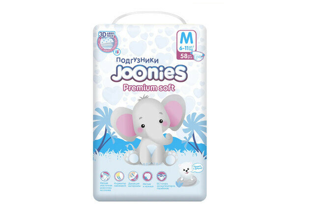 Подгузники детские JOONIES Premium Soft M 6–11кг, 58шт