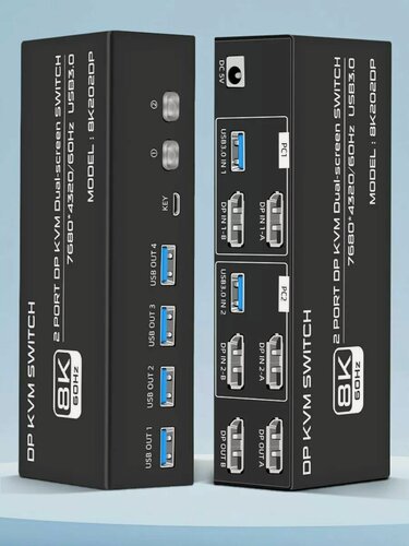 Изображение товара KVM DP DisplayPort свитчер 2x1 (два на один) 8K60HZ (7680*4320/60Гц) с 4 портами USB 3.0 и выносной кнопкой. Модель 2024 года