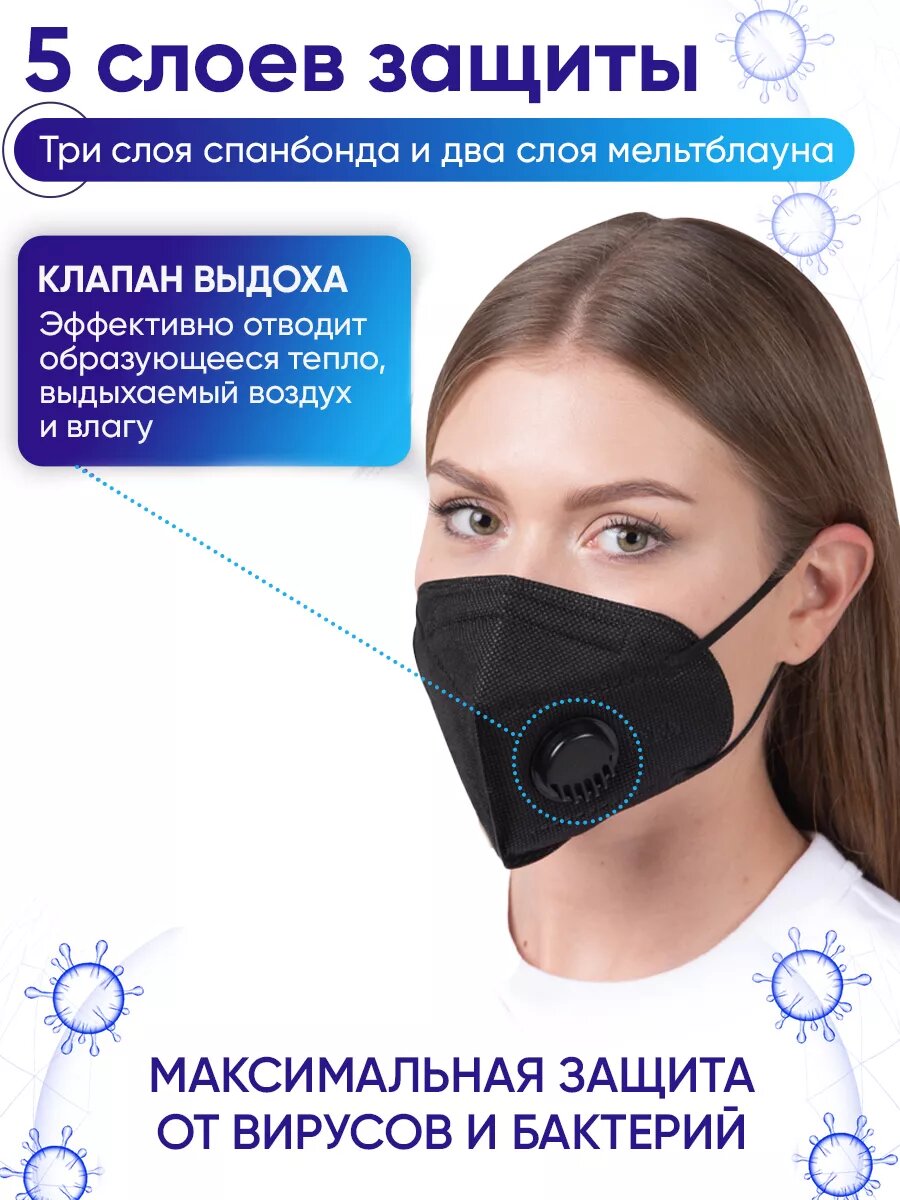Изображение Респиратор, респиратор от пыли, одноразовый Safe Area KN95 FFP2 (черный) маска защитная с клапаном, 10 шт.