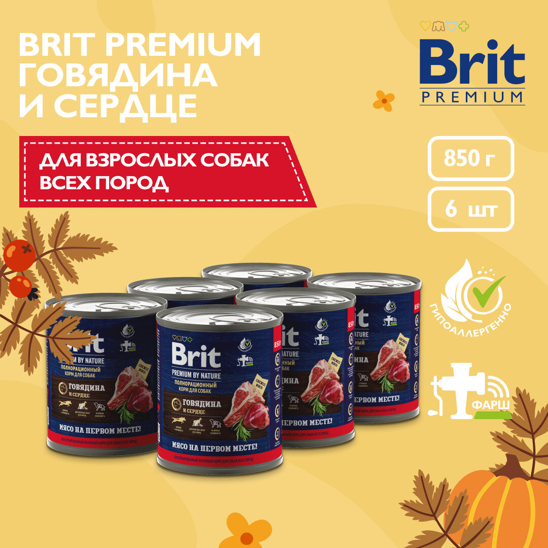 корм для собак Brit Premium by Nature, для здоровья кожи и шерсти, говядина, сердце 1 уп. х 6 шт. х 850 г