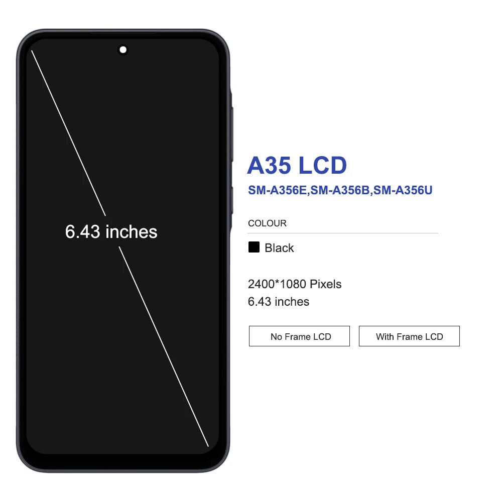 AMOLED для Samsung A35 5G ЖК-дисплей с цифровым преобразователем сенсорного экрана для Samsung A35 A356B A356E/DS A356B/DS SM-A356U ЖК-дисплей с рамкой, Blue With Frame — фото 1