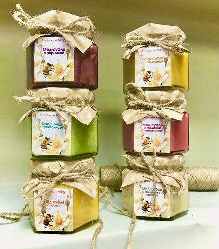 Изображение товара Мед - суфле, медомиксы, набор из 6 банок по 150 гр, стекло.