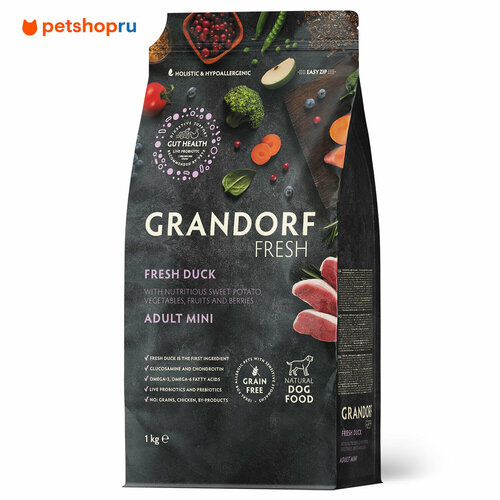 Сухой беззерновой корм Grandorf Fresh Adult MINI Duck&Sweet Potato (Свежее мясо утки с бататом для собак мелких пород) 1 кг.