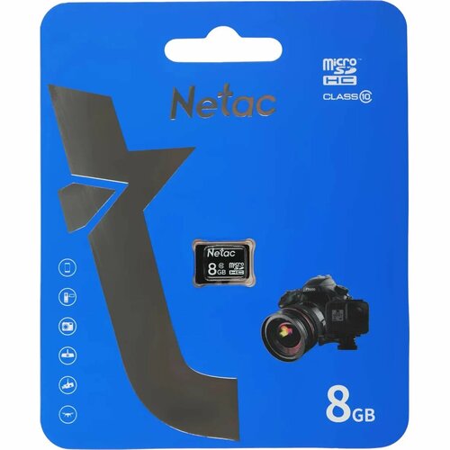 Карта памяти Netac microSDHC 8 ГБ Class 10, V10, A1, UHS Class 1, R 80 МБ/с, 1 шт., черный