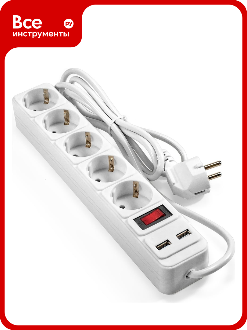 Сетевой фильтр-удлинитель с USB зарядкой ExeGate SP-5-USB-1.8W 5 евророзеток с заземлением 2 USB-A 2A 1.8м защита от перегрузки выключатель с подсветкой белый 295491