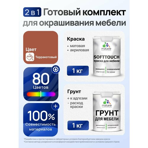 фото Комплект malare для окрашивания мебели, кухонных фасадов (1кг грунт + 1кг краска), без запаха, цвет терракотовый