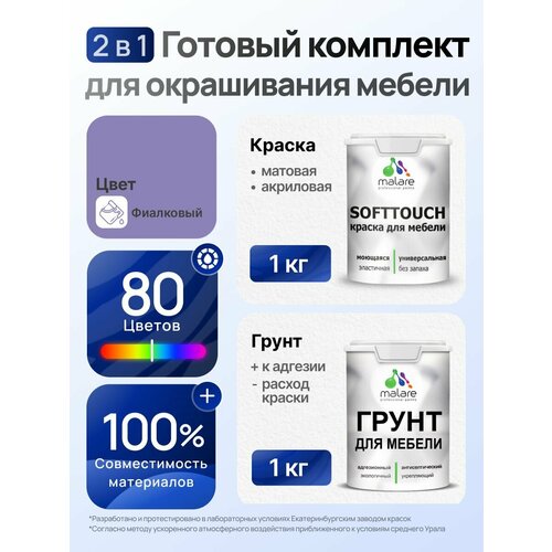фото Комплект malare для окрашивания мебели, кухонных фасадов (1кг грунт + 1кг краска), без запаха, цвет фиалковый
