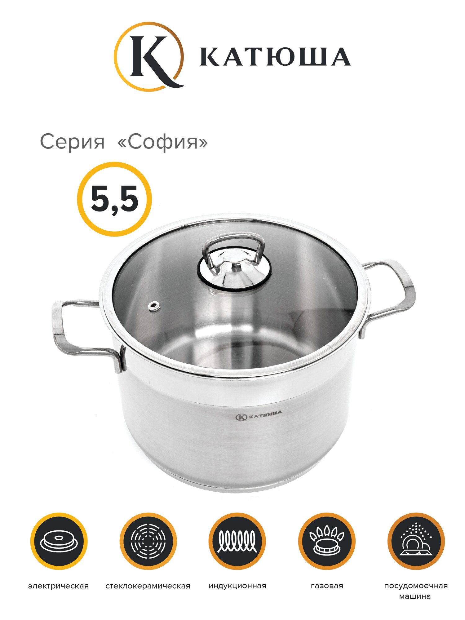 Кастрюля с крышкой, нержавеющая сталь, 22х15 см, 5.5 л, София, катюша