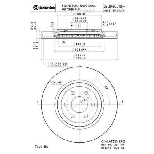 фото Тормозной диск brembo 09.b496.10 для nissan np300, pathfinder iii