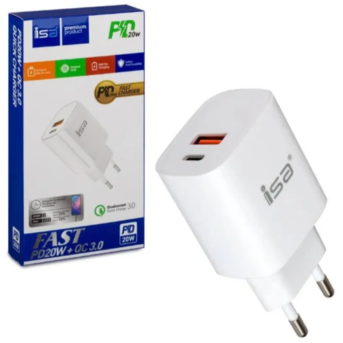 Сетевое зарядное устройство ISA 20W USB-C / Power Delivery 3.0 + USB A QuickCharge 3.0 / 2 в 1 / Блок питания для телефона Тайп Си