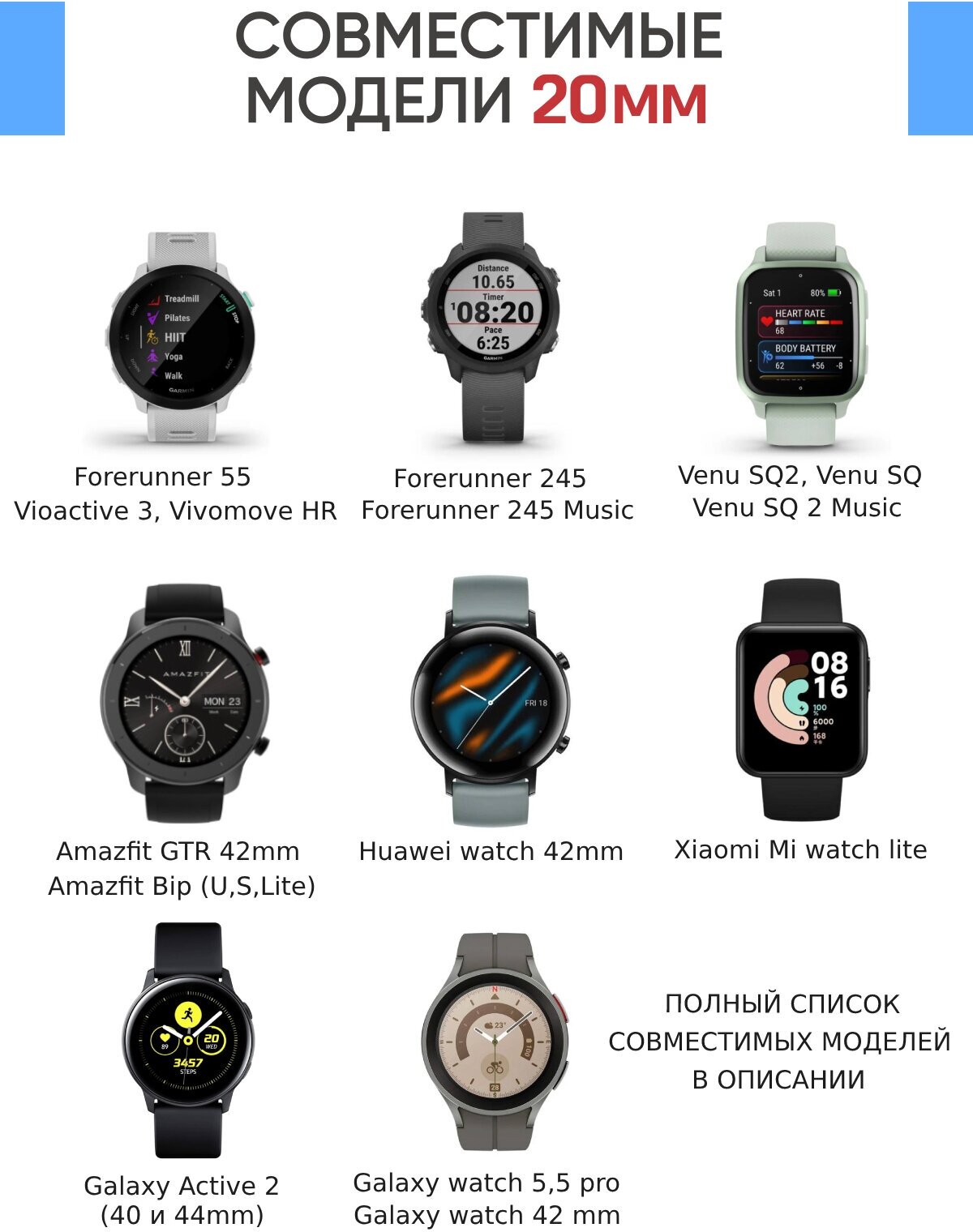 Силиконовый ремешок 20 мм для часов Garmin голубой