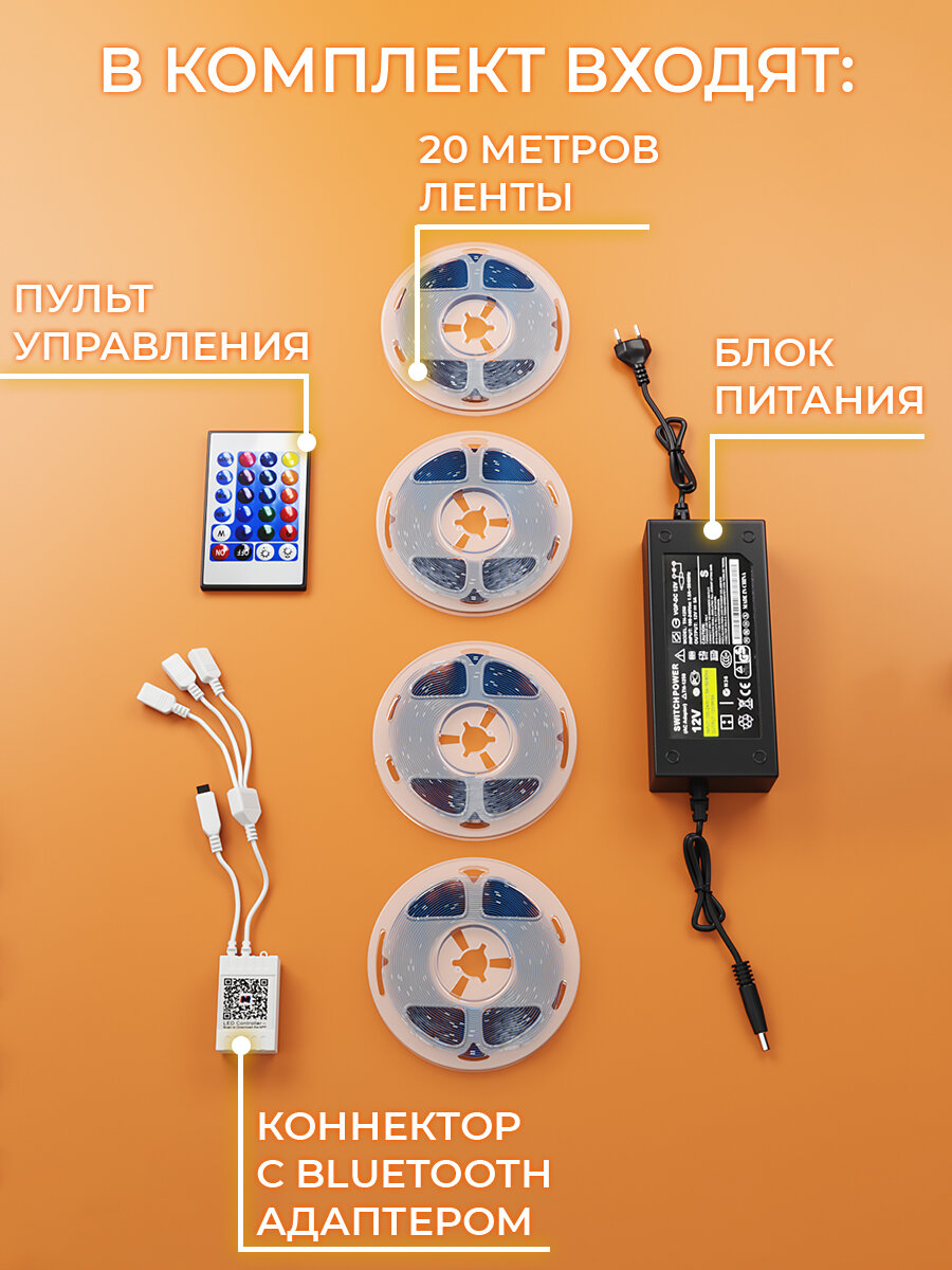 Светодиодная лента RGB AQRA 20 метров, 12В, 600 диодов, с приложением и пультом, 30 led/m, самоклеющаяся многоцветная bluetooth подсветка - фотография № 2