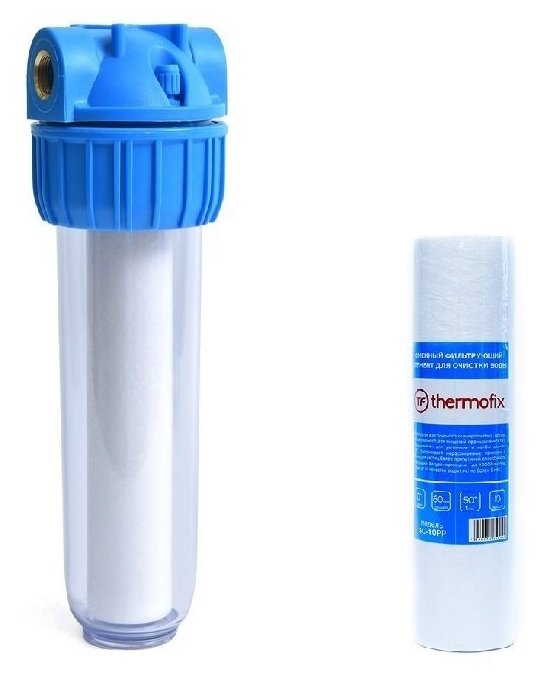 Комплект Магистральный фильтр "Thermofix" (1/2" колба с гайкой, 10", с картриджем) + картридж (полипропилен,10 мкн) / фильтр воды