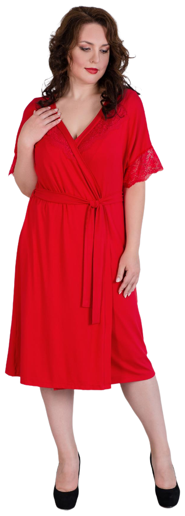 Женский халат на запах с поясом арт. 19-0317 Красный размер 56 Вискоза Шарлиз рукав короткий с кружевом длина ниже колена - фотография № 1