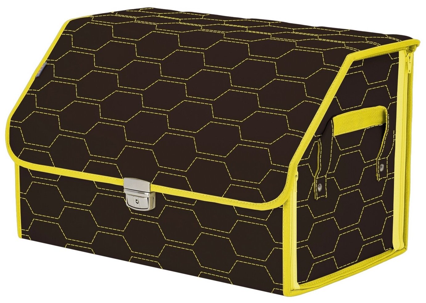Органайзер-саквояж в багажник "Союз Премиум" (размер L). Цвет: коричневый с желтой прострочкой Соты.