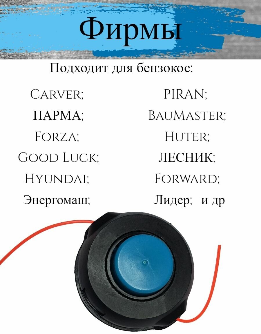 Головка/катушка для триммера универсальная, полуавтоматическая с кнопкой, M10-1,25 посадочное, левая резьба, синяя кнопка