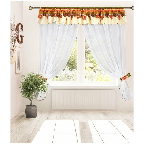 фото Штора с ламбрекеном для кухни галант бежевый-белый арт. 2720178 (270х180 см 1 шт)