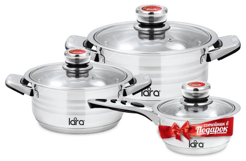Набор посуды Lara LR02-104 (2) кастр. 2.3л, 4,3л,сотейник 1,6л, стеклян. крышки, толщина стенок 0,4