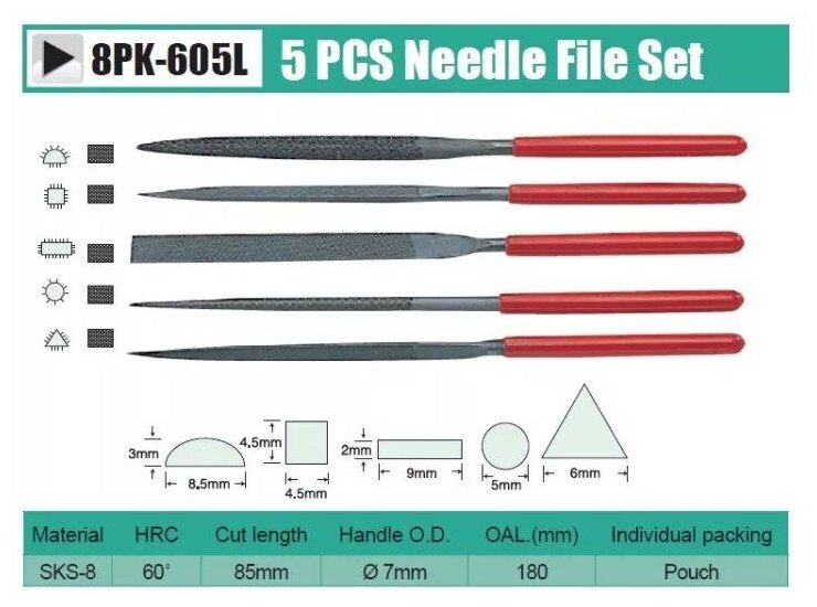 Набор надфилей с рукоятками (5 шт.) ProsKit 8PK-605L - фотография № 2