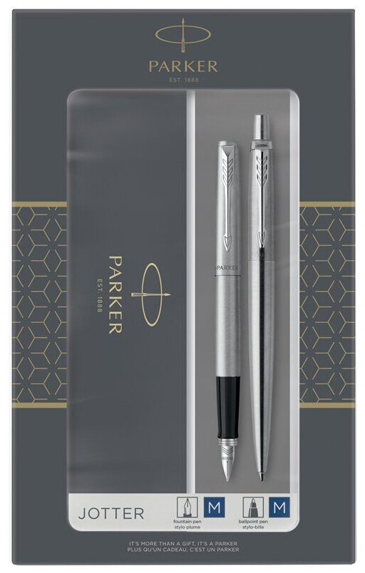 Parker Набор Parker Jotter Core FK61 Stainless Steel CT М, ручка шариковая + ручка перьевая, 1.0 мм, корпус из нержавеющей стали, синие чернила (2093258)