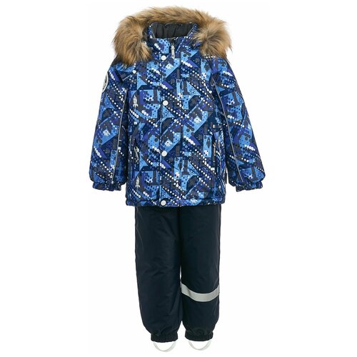Комплект с полукомбинезоном KISU для мальчиков, зимний, отделка мехом, капюшон, светоотражающие элементы, карманы, штрипки, размер 86, синий