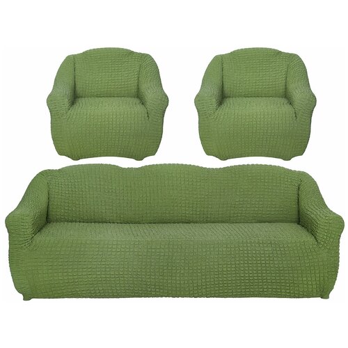 Чехол на трехместный диван и два кресла без оборки, чехлы на диван и кресла, цвет оливковый