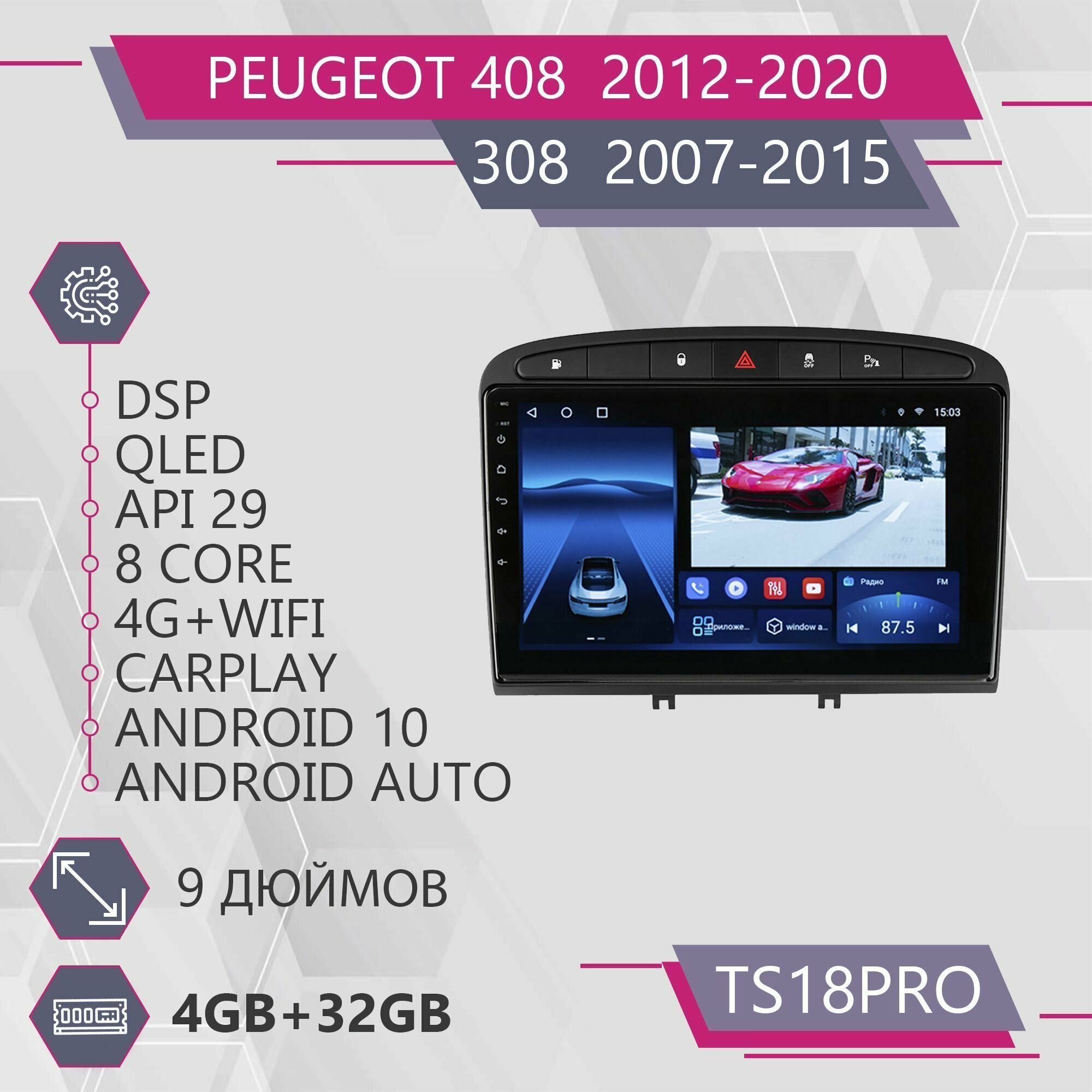 Штатная магнитола TS18Pro/4+32GB/ Peugeot 408/308/ Пежо 408/308/ магнитола Android 10/2din/ головное устройство/ мультимедиа/