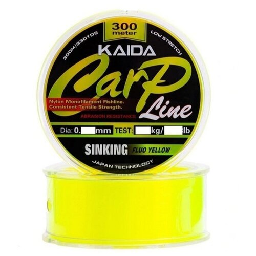 Монофильная леска для рыбалки KAIDA Леска CARP LINE Sinking 300м Fluo Yellow 0.331мм 8.63кг 19.01Lb, 1 шт. по 300 м; 0.331 мм