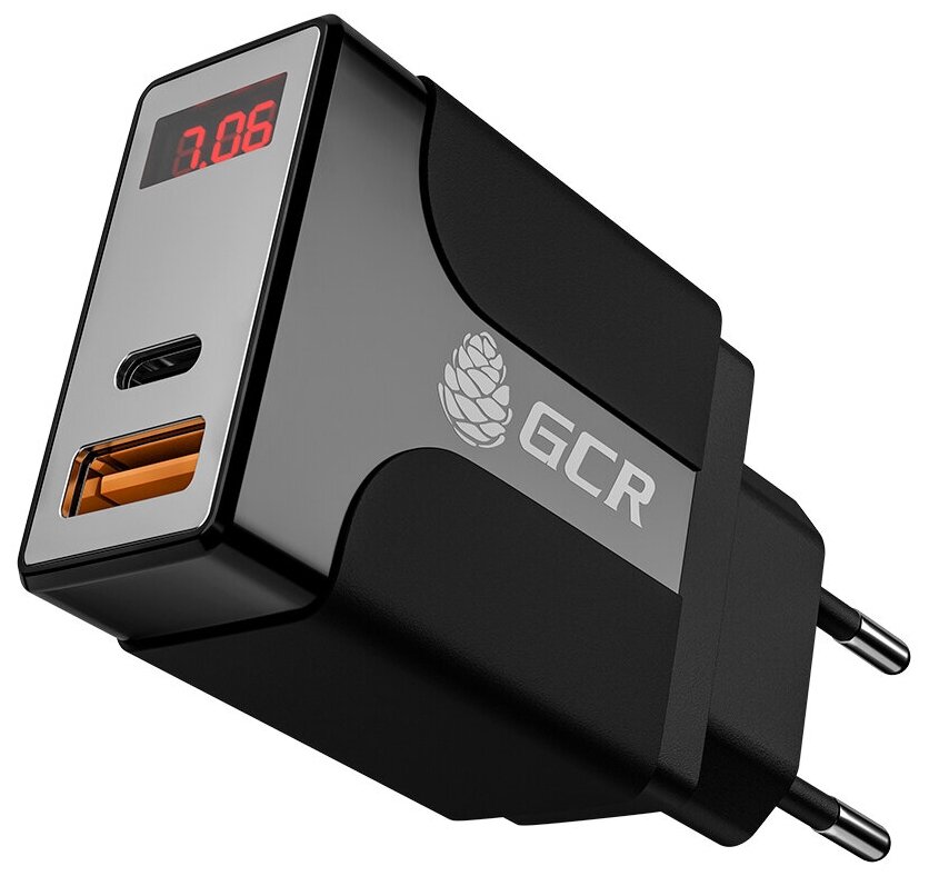 GCR Сетевое зарядное устройство на 2 USB порта (QC 3.0 + PD 3.0 ), черный