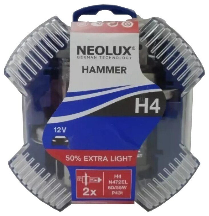 Лампа H4 12V 60/55W EXTRA LIGHT +50% P43t, карт.2 шт.