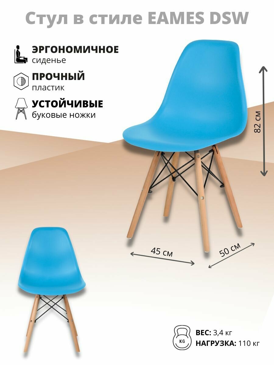 Стул для кухни со спинкой СтулБержи EAMES DSW, деревянные ножки, бирюзовый, пластиковый