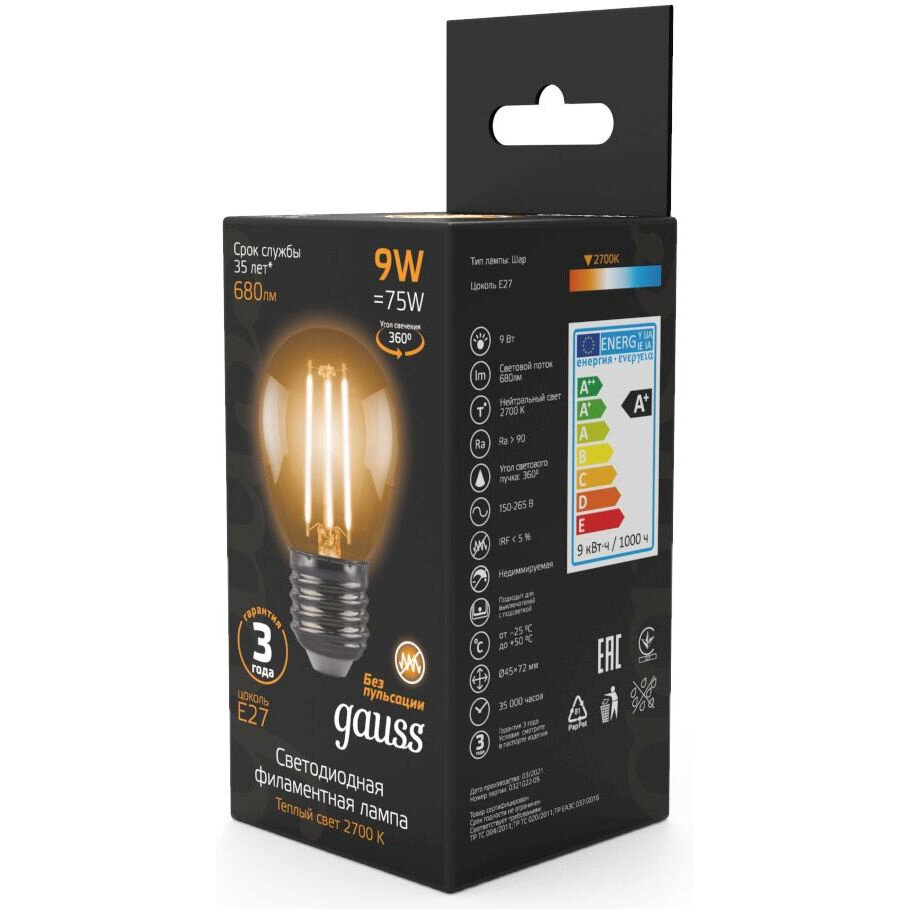 Светодиодная лампа GAUSS LED Filament Шар E27 9W 680lm 2700K (упаковка 10 шт.) - фотография № 11