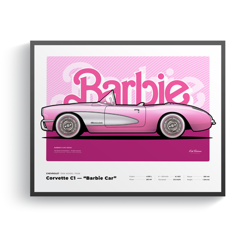 Плакат, картина, постер с авто, автомобилем, машиной в раме Barbie — Chevrolet Corvette C1 “Barbie Corvette” / плакат на стену (40х50см)